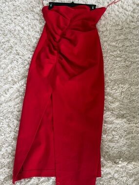 Zara Red Ruched Midi Skirt with Front Slit